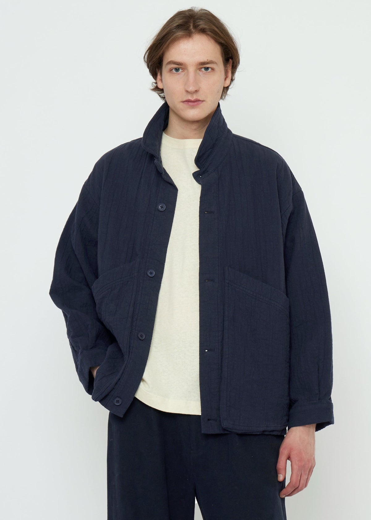 Unisex Panel Pockets Shirt Jacket - navy