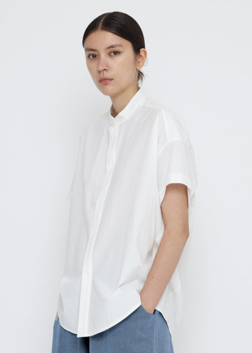 Mandarin Cocoon Short Sleeves Shirt - offwhite